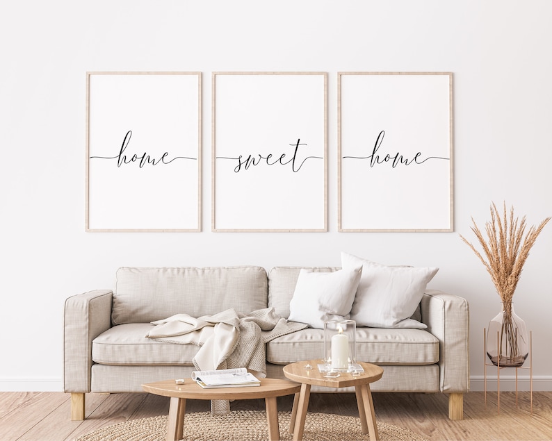 Set of 3 Living Room Prints, Home Sweet Home Sign, Typography Print, New Home Gift, Home Wall Decor, Above Couch Prints, Housewarming Gift image 1