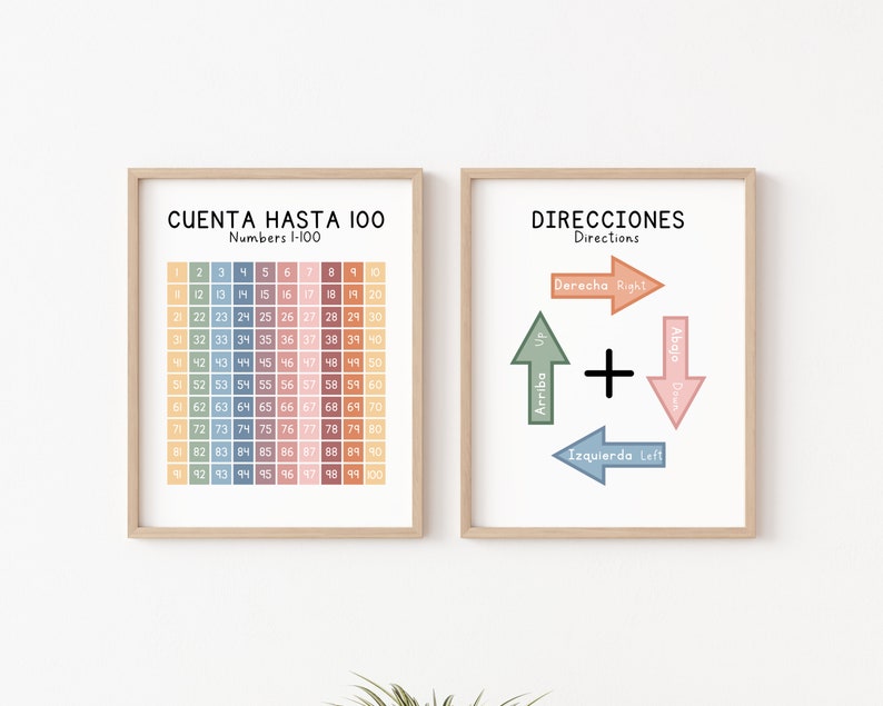 May include: Two framed educational posters in Spanish and English. The first poster shows a colorful 10x10 grid with numbers 1-100. The second poster shows four arrows pointing up, down, left, and right with the Spanish and English words for each direction.