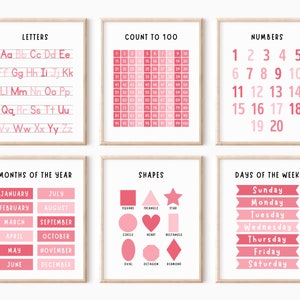 Set von 6 Rosa Lernpostern, Rosa Mädchen Wanddekor, Rosa Alphabet Poster, Spielzimmer Wanddekoration, Rosa Kinderzimmer Wandkunst, Mädchenzimmer Dekor