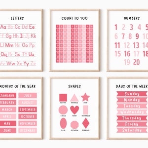 Set of 6 Pink Educational Posters, Pink Girls Wall Decor, Pink alphabet Poster, Playroom Wall Decor, Pink Nursery Wall Art, Girls Room Decor image 1