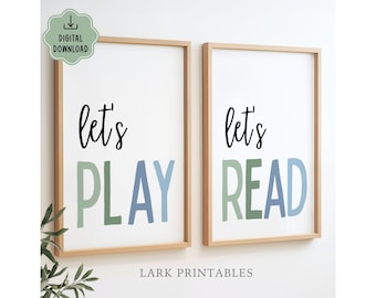 Playroom Wall Art, Lets Play Lets Read Posters, Blue Green Kids Room Prints (Digital)
