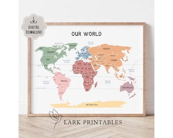 Printable World Map Poster, Montessori Map Prints, Kids World Map With Countries, Homeschool Classroom Poster, Countries of The World Print