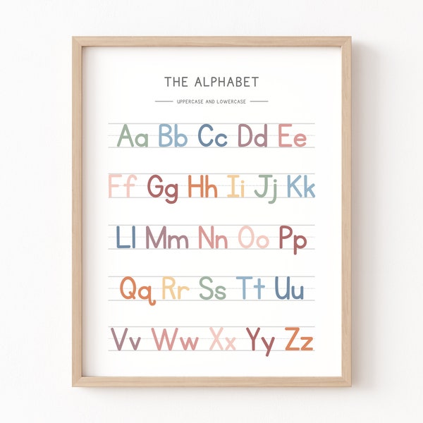 Regenboog Alfabet Poster, Handschrift Grafiek Afdrukken, Educatieve Wall Art Afdrukbaar, Homeschool Klaslokaal Decor, ABC Poster, Terug naar School