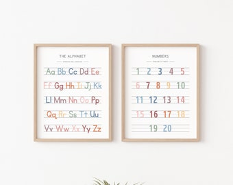 Rainbow Alphabet Poster, Handwriting Chart Print, Educational Wall Art Printable, Homeschool Classroom Decor, ABC Poster, Number Chart 123