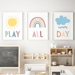 Play All Day Printable Set of 3, Lets Play Sign, Nursery Wall Art, Playroom Sign, Scandinavian Kids Wall Decor, Kids Pastel Playroom Decor
