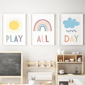 Nursery Toddler Room Decor, Boho Rainbow Nursery Decor, Weather Playroom Decor, Set of 3 Sun Rainbow Cloud Wall Art, Play All Day Printable image 1