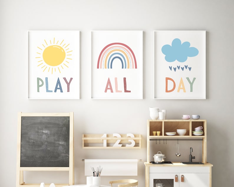 Nursery Toddler Room Decor, Boho Rainbow Nursery Decor, Weather Playroom Decor, Set of 3 Sun Rainbow Cloud Wall Art, Play All Day Printable image 1