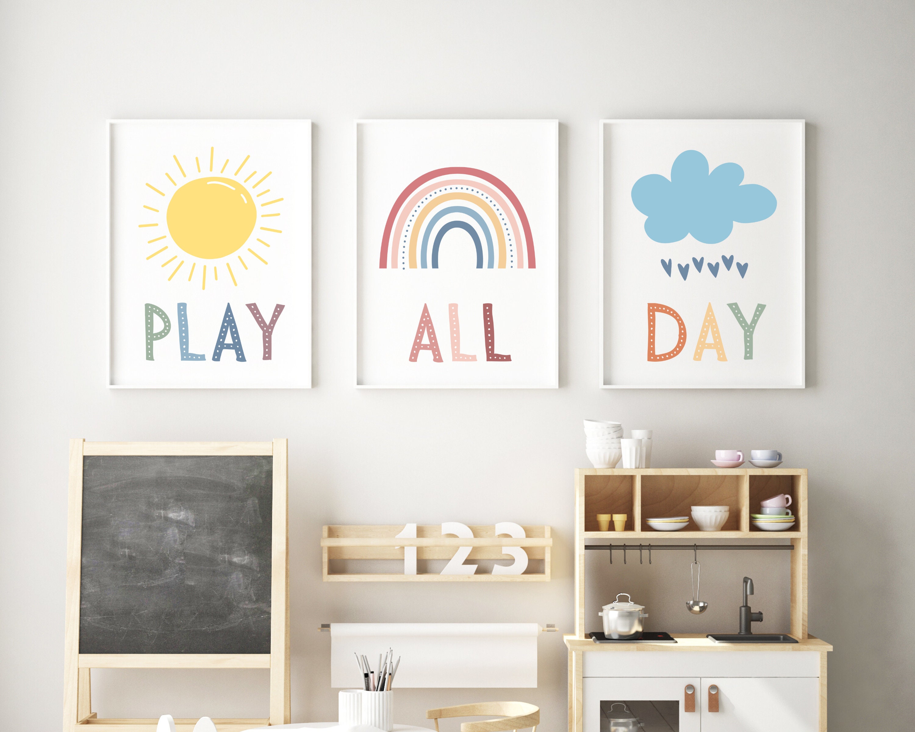 Play All Day Printable Set of 3, Lets Play Sign, Nursery Wall Art, Playroom Sign, Scandinavian Kids Wall Decor, Kids Pastel Playroom Decor