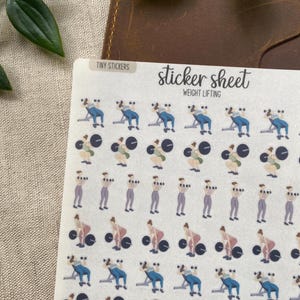 May include: A sticker sheet with various weightlifting illustrations. The sheet includes stickers of people lifting weights, using weight machines, and doing squats. The text "Tiny Stickers" and "sticker sheet WEIGHT LIFTING" are visible.