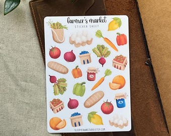 farmer&#39;s market sticker sheet | colorful food stickers for journal, cute grocery stickers planner, matte vinyl fruit stickers for hobonichi