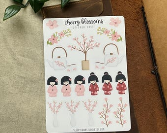 sticker sheet | cherry blossoms | stickers for journals planners hobonichi japanese spring stickers sakura stickers geisha art stickers