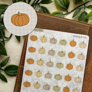 May include: A sticker sheet featuring multiple small pumpkin illustrations in shades of orange, beige, and muted green. The text "petites" and "pumpkins" is printed at the top. A circular sticker with a single orange pumpkin is also visible.
