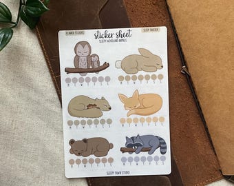 sleep tracker planner stickers | sleepy woodland animals transparent matte sticker sheet | weekly functional habit tracking for hobonichi