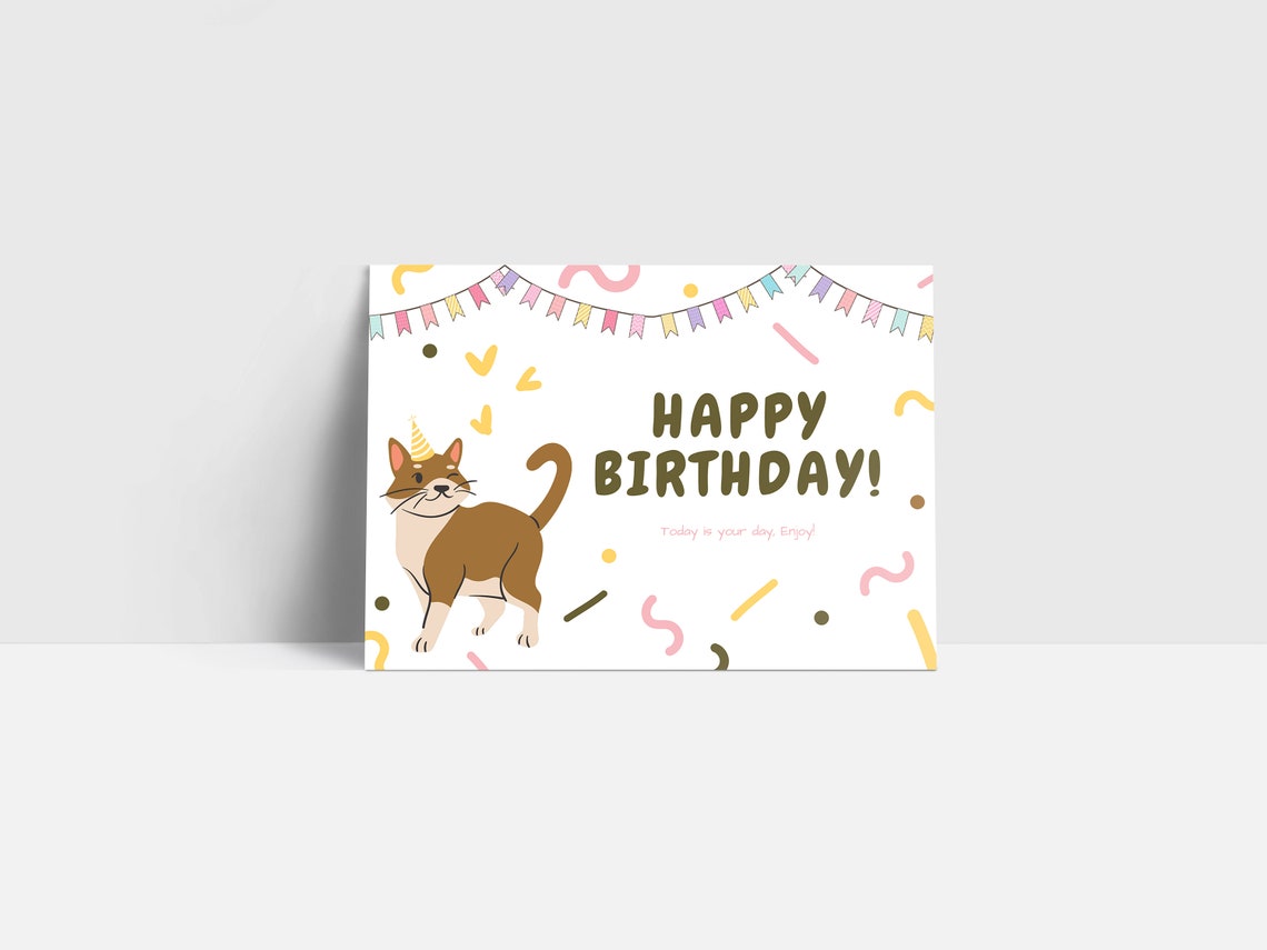 Printable Happy Birthday Card Cat Illustration Card Brown | Etsy