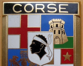 Badge Corse Corsica 092 France French auto car NOS 1950s original made of enamel by Drago for automobile radiator grille