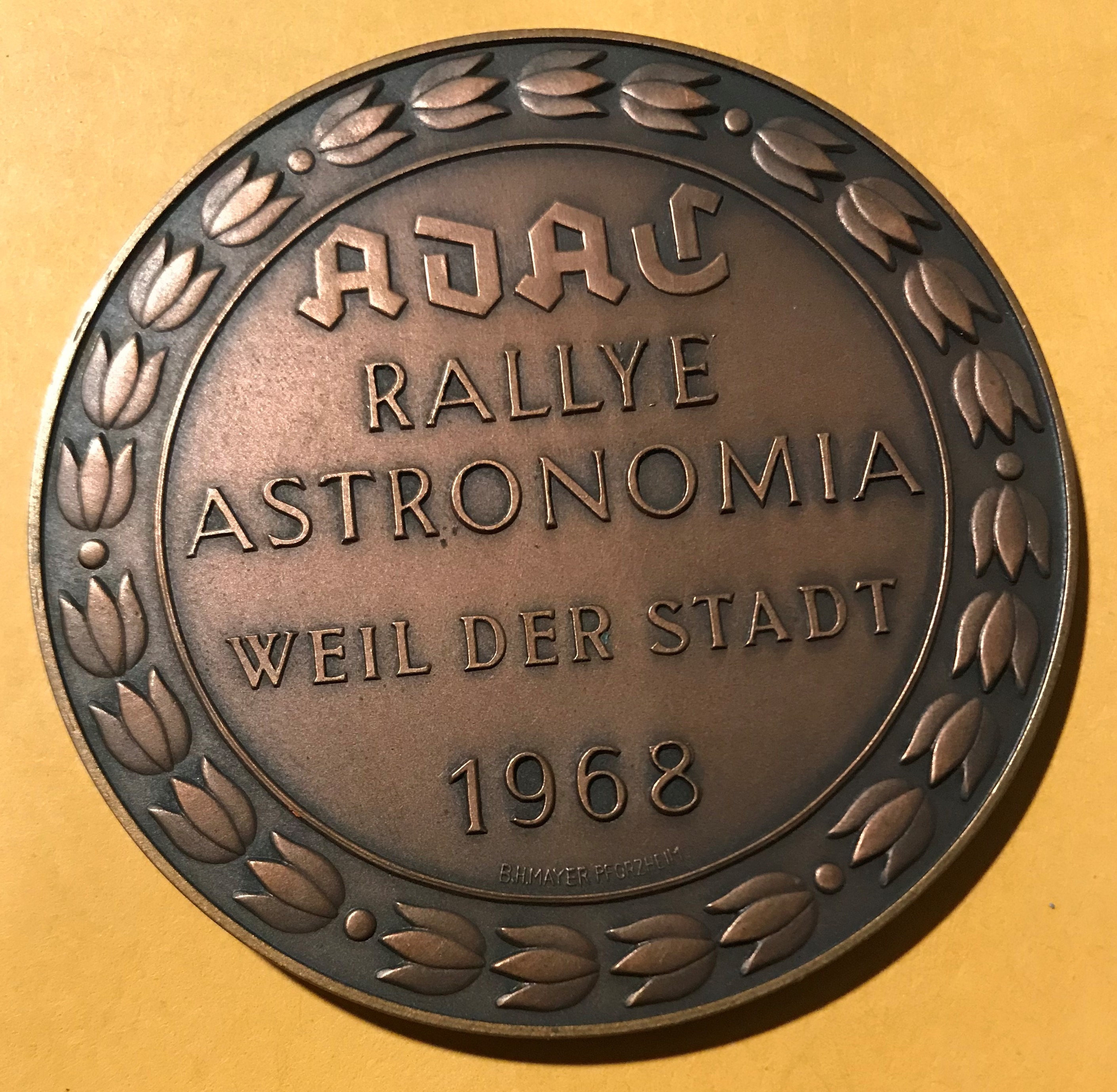 Badge Auto Car German Rally #129 1968 ADAC Rallye Astronomia Weil Der Stadt  Double Sided, Other Side Inscribed 