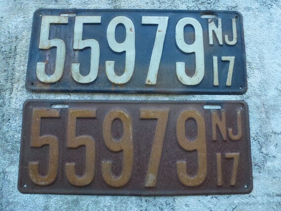 License Plate USA New Jersey 1917 PAIR 55979 NJ Passenger Car Auto