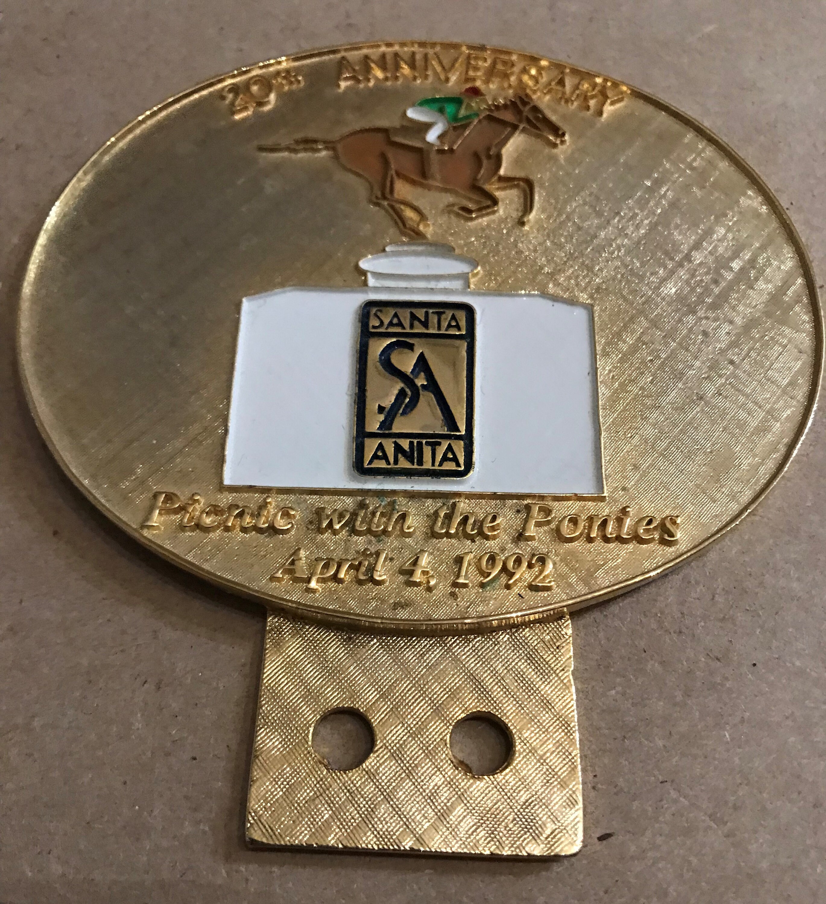 Badge Rolls-Royce Picnic with the Ponies 1992 Santa Anita Derby Made of metal, and painted, 2 mounting holes