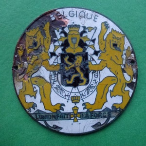 May include: A round, white enamel badge with a gold and black coat of arms featuring two lions and the text "BELGIQUE" at the top. The text "L'UNION FAIT LA FORCE" is at the bottom.