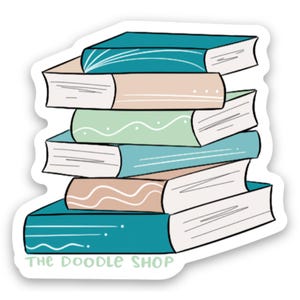 Puede incluir: Una pila de seis libros con cubiertas de diferentes colores. El libro de abajo es azul turquesa con texto blanco que dice "The Doodle Shop".
