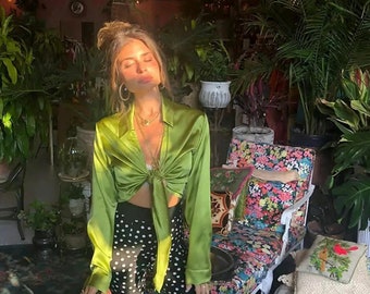 Silk Green tie autumn office ladies full sleeve bow crop tops women ChiffonT-shirts Harajuku basic street casual tee shirts