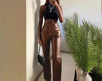 Brown or Black Luxurious PU Faux Leather Pants Vintage Y2K Leisure Straight Pants For Women Straight Leg Lady Slim Design Trousers