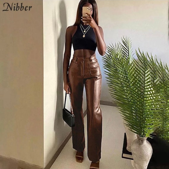 brown leather pants wide leg