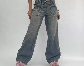 Mom Jeans Faded Y2K Denim Jeans Low Waisted Grunge Vintage Trousers Blue Harajuku Fashion Pants Trousers Flared American Style Baggy