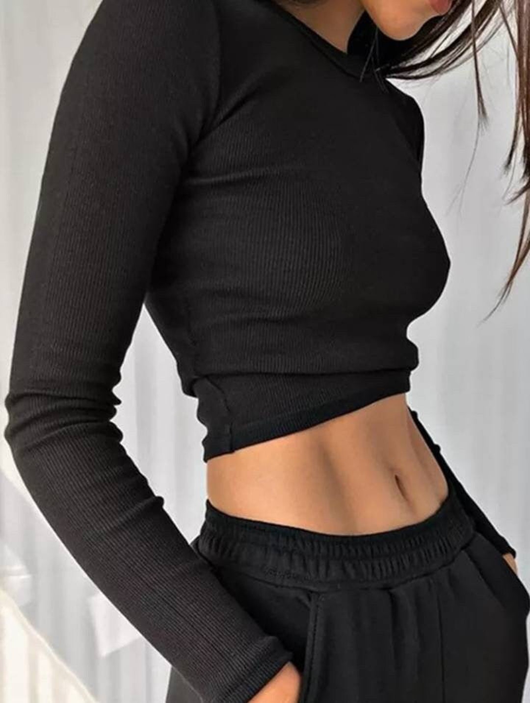O Neck Long Sleeve Shirt Women Ribbed Sexy Cropped Tops 2022 - Etsy Canada