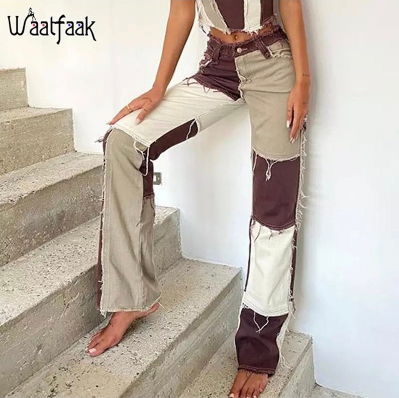 Brown Patchwork High Waist Straight Denim Pants Women Casual image 1