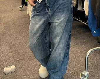 Baggy Jeans Streetwear Women Trousers Faded Flared Streetwear Y2K High Waist Wide Leg Jeans Pockets Denim Korean Fashion Jean Blue