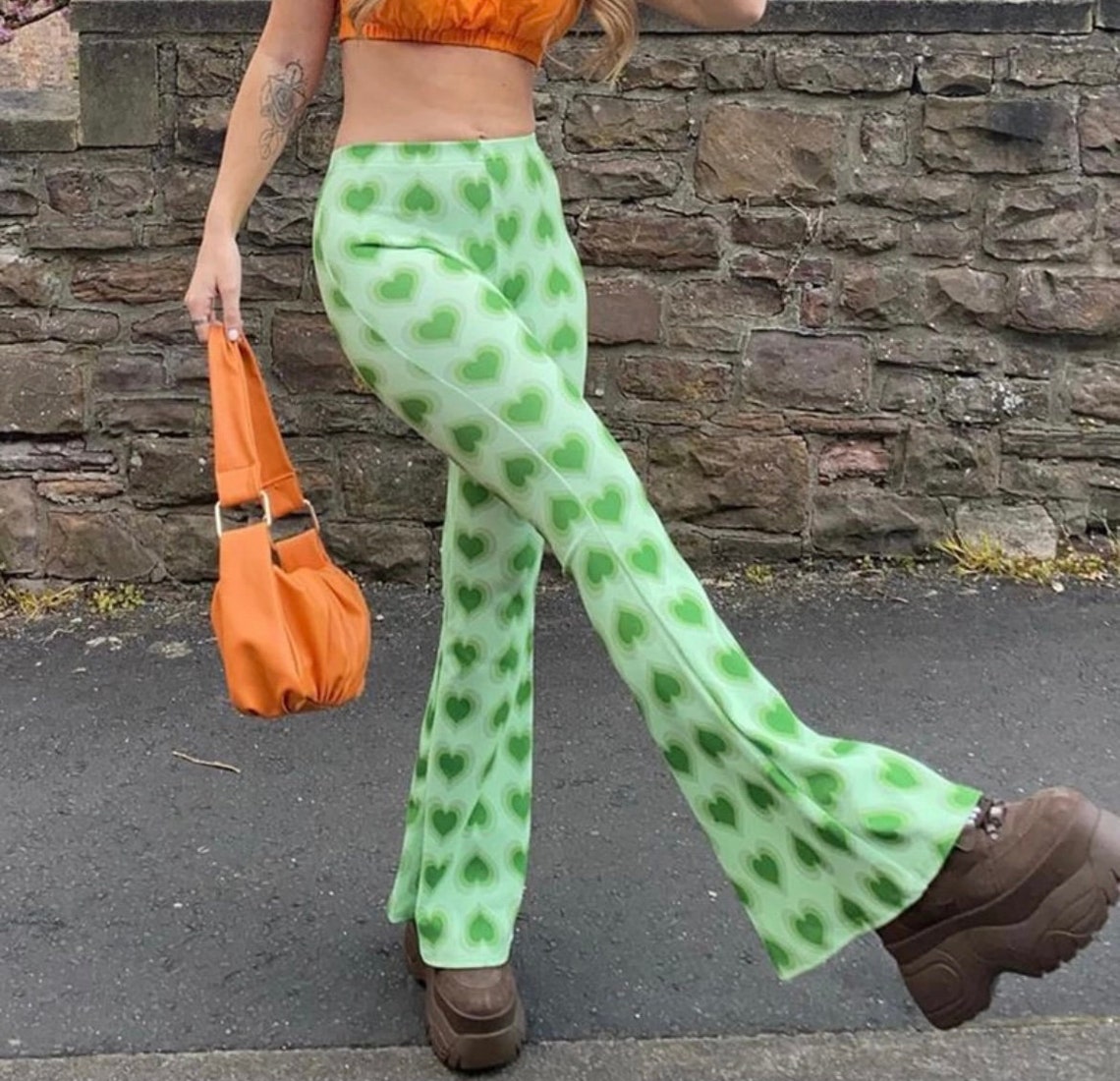 Green heart printed flare Pants Women Festival Aesthetic | Etsy