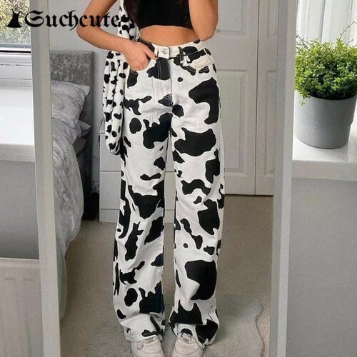 Casual Cow Print Denim Trousers Women Summer High Waist Jeans Pants Capris Ladies Hip Hop Fashion Pocket Streetwear