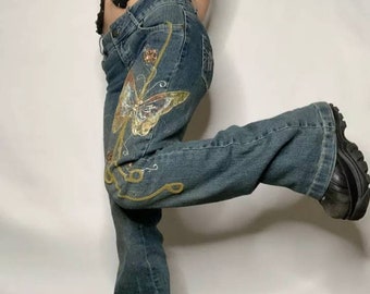 Retro Butterfly Stitched Y2K Denim Jeans Low Waisted Grunge Vintage Trousers Fairycore Harajuku Fashion Pants Trousers Blue Black Flared