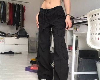 Y2k  Cargo Vintage Jeans Stitching Pockets Black Brown Grey Indie Aesthetics Low Waist Pants 2000s Baggy Flare Denim Trousers Summer Jeans