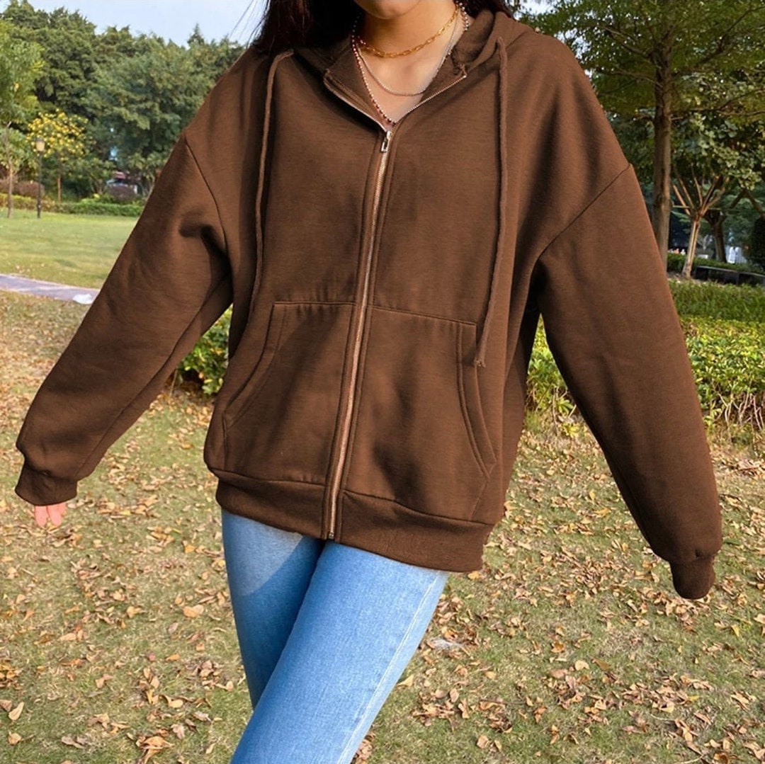 Brown Brandy Melville Dupe Y2K Aesthetic Hoodies Women Vintage Zip up Sweatshirt Winter Jacket
