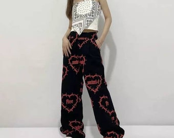 vintage heart love streetwear handsome black white pink printing loose boyfriend casual straight pants female trousers harajuku baggy