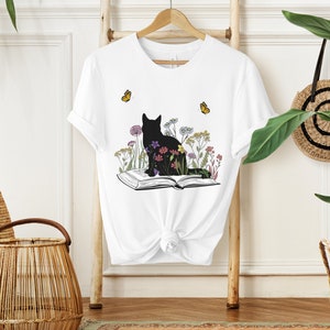 Cute Book Cat Shirt, Floral Cat Shirt, Gift for Her, Cute Cat Shirts, Cat Lover Shirt, Cat Book Shirt, Cat Lover Gift, Cat Mom Shirt White