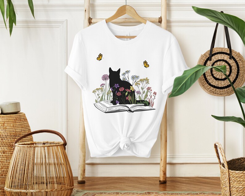 Cute Book Cat Shirt, Floral Cat Shirt, Gift for Her, Cute Cat Shirts, Cat Lover Shirt, Cat Book Shirt, Cat Lover Gift, Cat Mom Shirt White