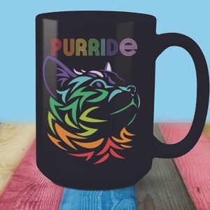 Purride LGBTQ+ Pride Kitty Cat Mug, Rainbow Kitty Coffee Cup,  LGBTQ+ Cat Lover Gift, Black Ceramic Mug, 15oz