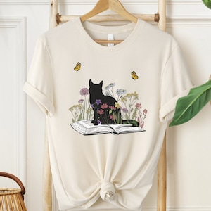 Cute Book Cat Shirt, Floral Cat Shirt, Gift for Her, Cute Cat Shirts, Cat Lover Shirt, Cat Book Shirt, Cat Lover Gift, Cat Mom Shirt Natural