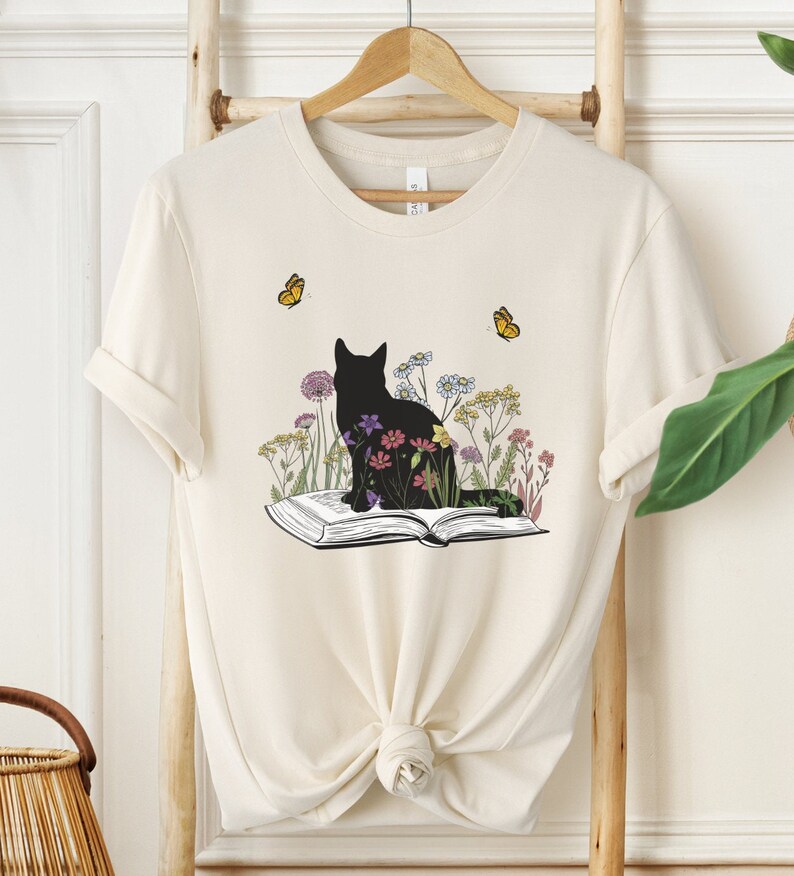 Cute Book Cat Shirt, Floral Cat Shirt, Gift for Her, Cute Cat Shirts, Cat Lover Shirt, Cat Book Shirt, Cat Lover Gift, Cat Mom Shirt Natural