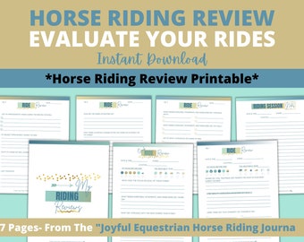 May include: A printable horse riding review journal with a teal and gold color scheme. The cover features the text "My Riding Reviews" with an arrow pointing to the right. The text "7 Pages - From The "Joyful Equestrian Horse Riding Journal" is at the bottom of the page.