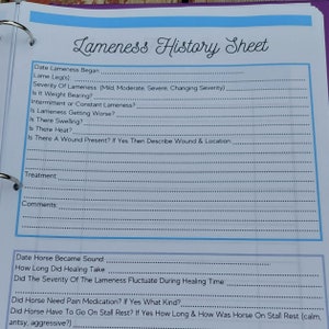 May include: A printable lameness history sheet for horses. The sheet includes questions about the date lameness began, the leg affected, the severity of lameness, whether the horse is weight bearing, if the lameness is intermittent or constant, if the lameness is getting worse, if there is swelling, heat, or a wound present, and treatment and comments sections.