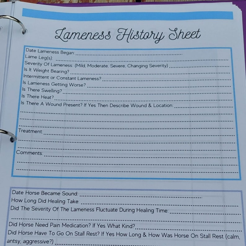 May include: A printable lameness history sheet for horses. The sheet includes questions about the date lameness began, the leg affected, the severity of lameness, whether the horse is weight bearing, if the lameness is intermittent or constant, if the lameness is getting worse, if there is swelling, heat, or a wound present, and treatment and comments sections.