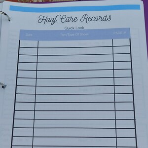 May include: A blank page from a hoof care record book with the title "Hoof Care Records" and the subtitle "Quick Look". The page is divided into three columns labeled "Date", "Trim/Type Of Shoes", and "PAGE #".