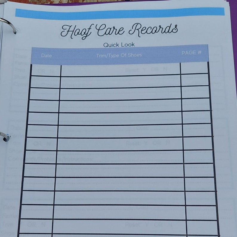 May include: A blank page from a hoof care record book with the title "Hoof Care Records" and the subtitle "Quick Look". The page is divided into three columns labeled "Date", "Trim/Type Of Shoes", and "PAGE #".