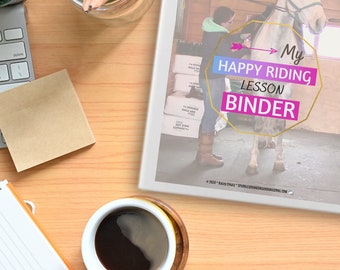 Puede incluir: Un octógono rosa y morado con el texto "My Happy Riding Lesson Binder" sobre un fondo blanco con una foto de una persona y un caballo en el fondo.
