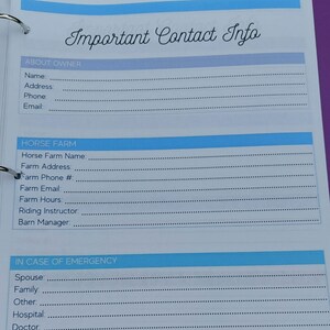 May include: A printable contact information sheet for horse owners. The sheet includes sections for the owner's contact information, horse farm information, and emergency contact information.