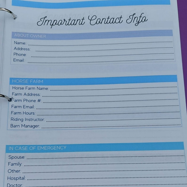May include: A printable contact information sheet for horse owners. The sheet includes sections for the owner's contact information, horse farm information, and emergency contact information.